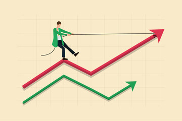 Preventing the rising rate, Financial market inflation control, Business man standing on bullish trend reducing rising bullish rate