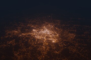 Aerial shot of Lviv (Ukraine) at night, view from south. Imitation of satellite view on modern city with street lights and glow effect. 3d render
