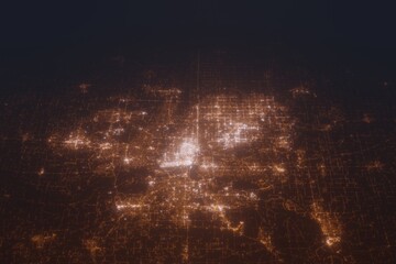 Aerial shot of Kansas City (Missouri, USA) at night, view from north. Imitation of satellite view on modern city with street lights and glow effect. 3d render
