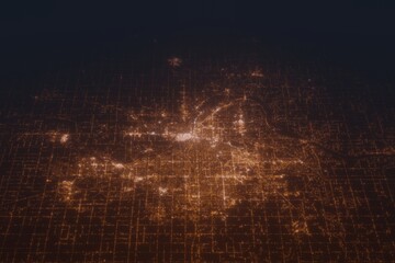 Aerial shot of Grand Rapids (Michigan, USA) at night, view from south. Imitation of satellite view on modern city with street lights and glow effect. 3d render