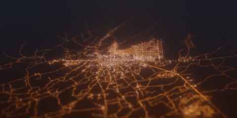 Street lights map of Kandahar (Afghanistan) with tilt-shift effect, view from south. Imitation of macro shot with blurred background. 3d render, selective focus