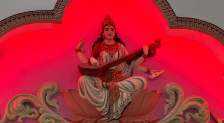 beautiful image of maa sarswati image in indian temple wall art statue