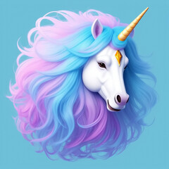 unicorn with colourful mane on light blue background. Generative AI