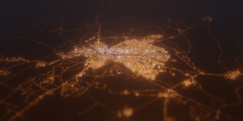 Street lights map of Kirkuk (Iraq) with tilt-shift effect, view from west. Imitation of macro shot with blurred background. 3d render, selective focus