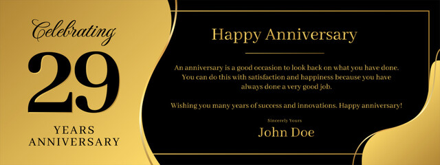 29 years anniversary, a banner speech anniversary template with a gold background combination of black and text that can be replaced