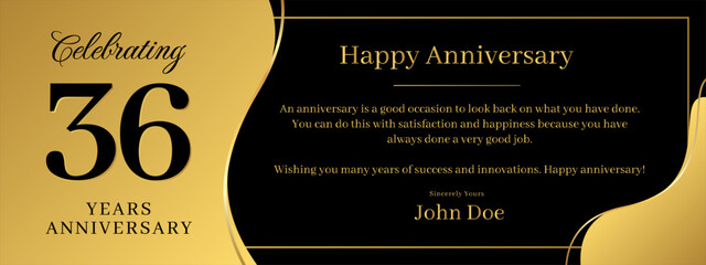 36 years anniversary, a banner speech anniversary template with a gold background combination of black and text that can be replaced