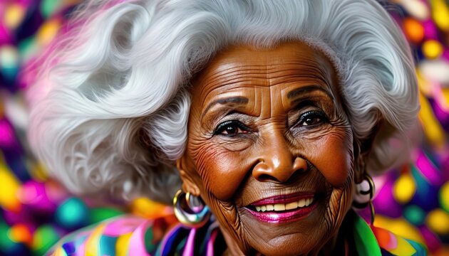 Portrait of beautiful modern African American senior woman smiling. Close up. Copy space text. Old, grandmother, grandmother, granny. Ai generative