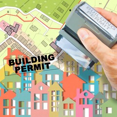 Imaginary General Urban Plan and cadastral map with indications of urban destinations and Buildings Permit stamp