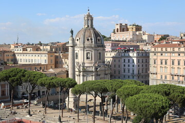 Panoramic Rome cityscape. View of the street city  in the morning. Scenic landscape with old town. Travel to European Union. UNESCO World Heritage Site.