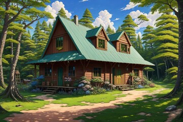 Fototapeta na wymiar Anime-style wooden house in forest [AI Generated]