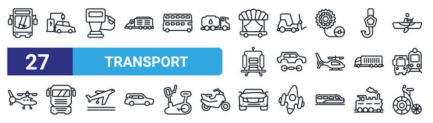 set of 27 thin line transport icons such as frontal bus, car charging, petrol fuel, forklift truck, car wit chassis, truck front view, front car, antique bicycle vector icons for mobile app, web