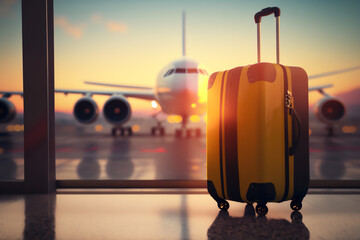 Yellow suitcase into the airport with an airplane in the background at sunset. Generative AI.
