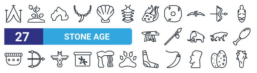 set of 27 thin line stone age icons such as tipi, plant, cave, wheel, spear, bow, boomerang, cudgel vector icons for mobile app, web design. © Digital Bazaar