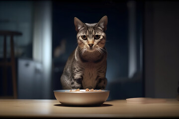 Tabby cat sitting near the bowl of pet food. Generative AI