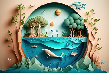 Paper Cut Art Of A Miniature Water And Plants Habitat. Generative AI Illustration