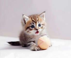 Fototapeta na wymiar Cute tabby fluffy kitten playing with pet toy. Generative AI