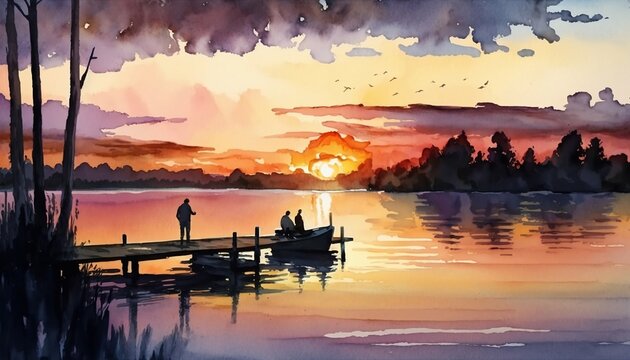 AI Generated Art Landscapes of  water color painting of sun and nature