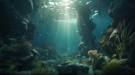 Underwater Paradise, A Serene Scene of Fish and Coral. Generative AI