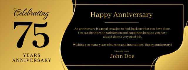 75 years anniversary, a banner speech anniversary template with a gold background combination of black and text that can be replaced