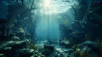 Fototapeta na wymiar Underwater Paradise, A Serene Scene of Fish and Coral. Generative AI