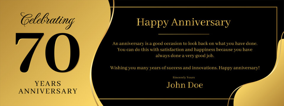 70 years anniversary, a banner speech anniversary template with a gold background combination of black and text that can be replaced