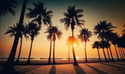 Obraz na płótnie Canvas the sun is setting behind a row of palm trees on the beach. generative ai