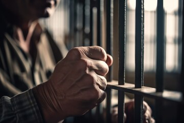 Fototapeta na wymiar Prisoner behind bars in jail, generative ai 