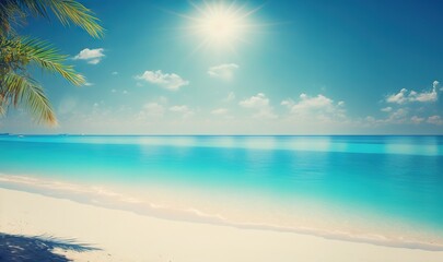 Naklejka na ściany i meble a beach with a palm tree and a bright blue sky. generative ai