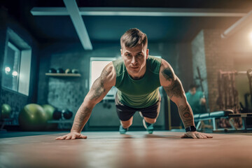 Fototapeta na wymiar A man in the gym does push-ups. Going in for sports in the fitness room, a young man of European appearance with tattoos on his arms is exercising, an illustration in green tones. Generative AI.