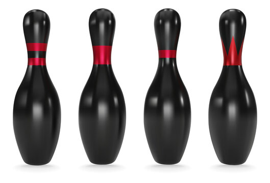 Realistic black bowling pins with red stripes isolated on white background. Black Bowling icon. 3D vector illustration.
