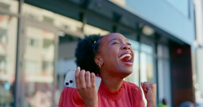 Phone call, surprise and excited black woman celebrate for good news, achievement or winning worldwide competition. Wow, winner celebration and urban city person happy for success, bonus or 5g reward