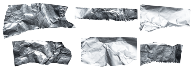 Set collection of torn and ripped crumpled strips of bright shiny metallic aluminium foil, isolated on white or transparent background