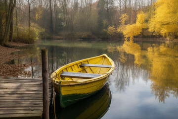 Obraz premium Exotic landscape of a boat on a lake, generated by AI