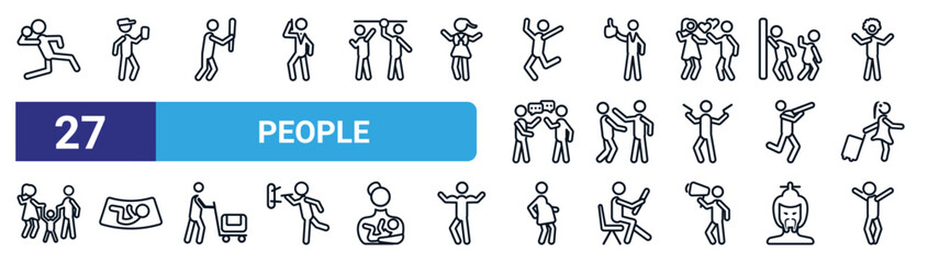 set of 27 thin line people icons such as shot put, ticket collector, man attacking, tumb up business man, slap, ultrasonography, pregnant priority, crucified pose vector icons for mobile app, web