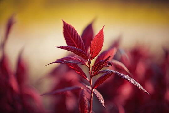 A red plant is seen in this vertical photo against a natural backdrop that has been blurred. Generative AI