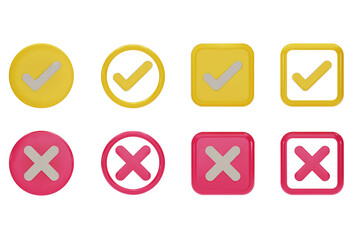 set of 3D Checkmark and X mark icon set. yellow and pink Checkmark right symbol, tick sign. check and uncheck for web and mobile apps. 3D vector illustration.