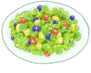 Vegetable salad with fresh tomato, blueberries, lettuce and cheese, Hand drawn pastel and chalk illustration