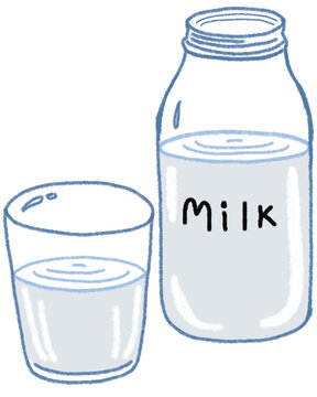 A bottle of milk and glass of milk , Hand drawn pastel and chalk illustration