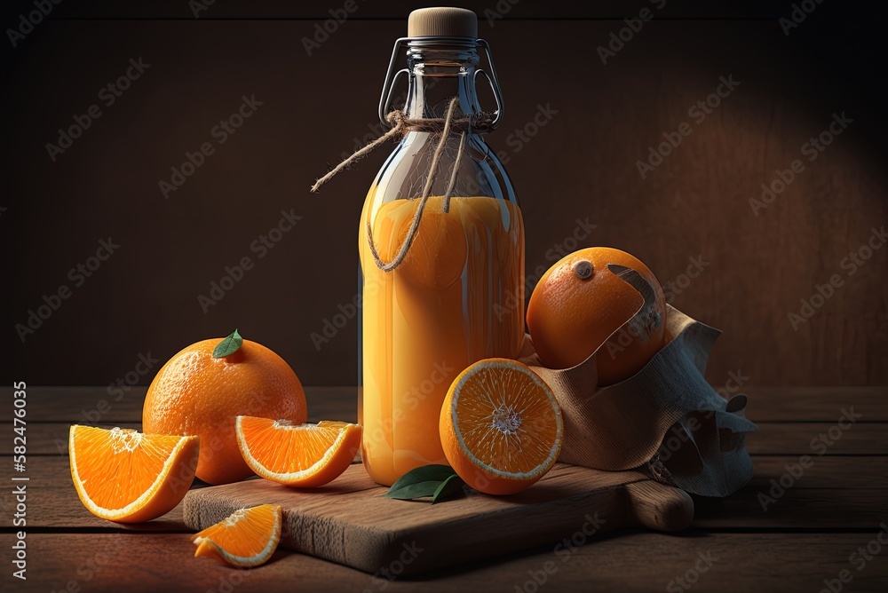 Poster close-up of a bottle of fresh orange juice and several oranges sitting on a wooden table in a vertic