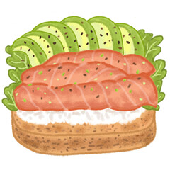 Sandwich with white toast bread , smoked salmon slices spinach, avocado, sesame seeds and lettuce, Hand drawn pastel and chalk illustration