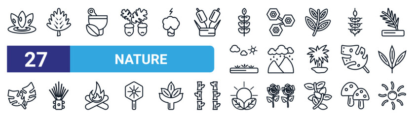 set of 27 thin line nature icons such as asian, hawthorn leaf, treatments, chemical structure, rainy landscape, pine needle, natural energy, shining sun with rays vector icons for mobile app, web © Digital Bazaar