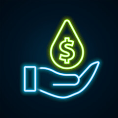 Glowing neon line Oil drop with dollar symbol icon isolated on black background. Oil price. Oil and petroleum industry. Colorful outline concept. Vector