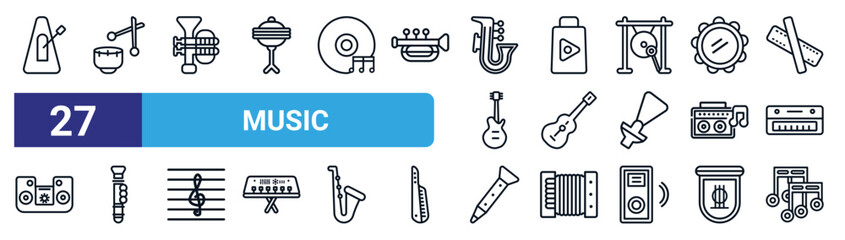 set of 27 thin line music icons such as metronome, kettledrum, tuba, music store, acoustic guitar, flute, clarinet, melody vector icons for mobile app, web design. © Digital Bazaar