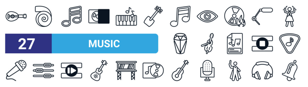 set of 27 thin line music icons such as lute, nautilus, musical note, red eyes, classical music, music control tings button, spanish guitar, bell vector icons for mobile app, web design.