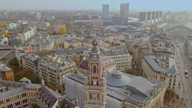 Tilt down view of the tower at Chambre of Commerce in Lille