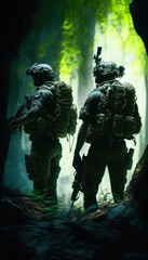 Fototapeta premium special forces commando soldiers navigating their way through a dense jungle environment. Clad in camouflage gear and armed with advanced weaponry. Generative ai