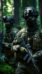 special forces commando soldiers navigating their way through a dense jungle environment. Clad in camouflage gear and armed with advanced weaponry. Generative ai