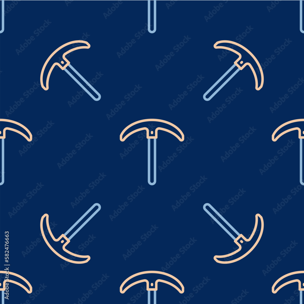 Poster line pickaxe icon isolated seamless pattern on blue background. vector