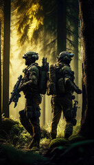 Fototapeta premium special forces commando soldiers navigating their way through a dense jungle environment. Clad in camouflage gear and armed with advanced weaponry. Generative ai