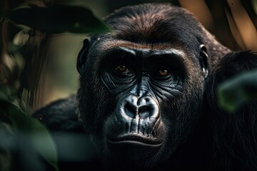 Gorilla portrait in the jungle. Generative AI